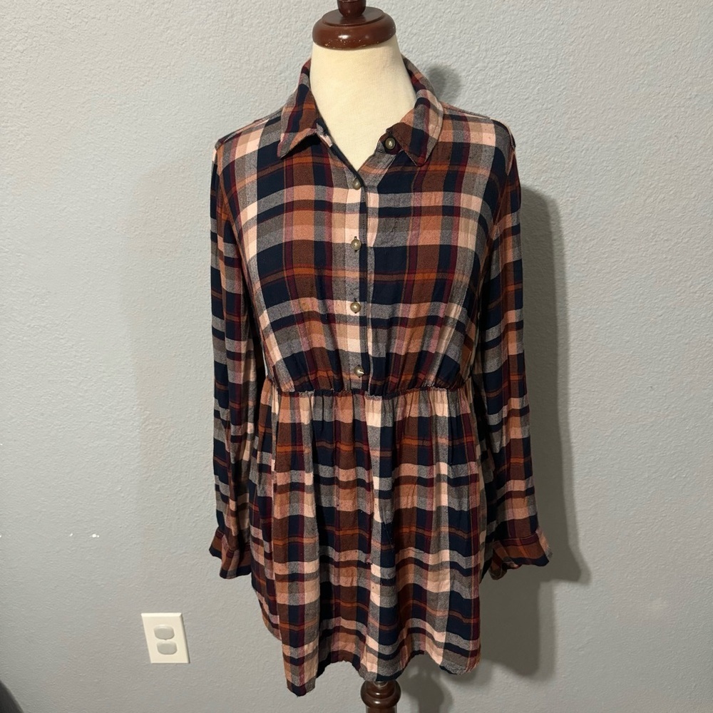 Sonoma Plaid Brown Long Sleeves Christmas Maternity Cozy Collared Top Size M